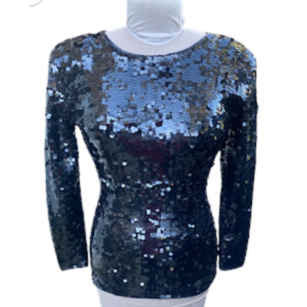 Cathy Hardwick Full Sequin BlackSweater 95% Lambs wool Sz. M Vintage 1980’s